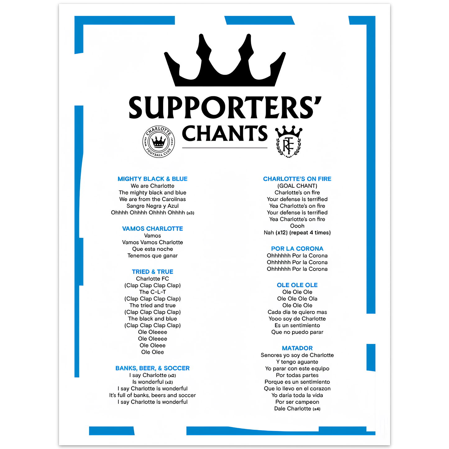 Charlotte FC Supporter Chants Poster